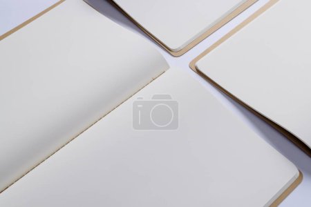 Photo for Close up of open books with copy space on white background. Literature, reading, writing, leisure time and books. - Royalty Free Image
