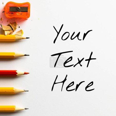 Photo for Holding text space with pencils and pencil sharpener on white background. Social media creativity, school, education, work, ideas story background template concept digitally generated image. - Royalty Free Image