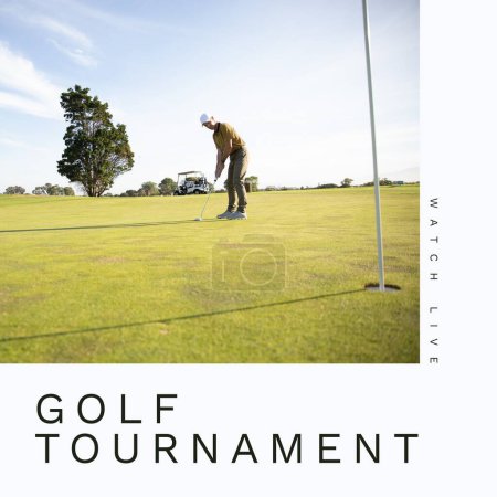 Téléchargez les photos : Composition of golf tournament text and caucasian man playing golf. Golf championship, competition and sports concept digitally generated image. - en image libre de droit