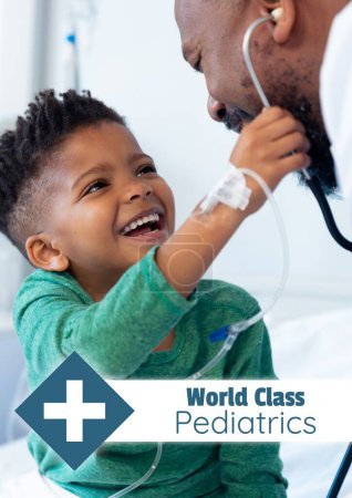 Photo for World class pediatrics text and logo over happy senior african american male doctor and boy patient. Medical and healthcare services promotional poster template concept digitally generated image. - Royalty Free Image