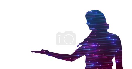 Photo for Silhouette of woman with hand outstretched filled with glowing blue light trails on white background. Business, inspiration, future, solutions, technology and creativity digitally generated image. - Royalty Free Image