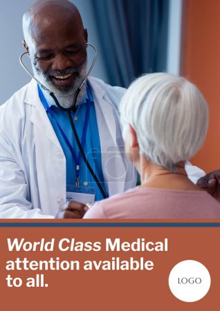 Photo for World class medical attention text and logo space over diverse senior male doctor and female patient. Medical and healthcare services promotional business template concept digitally generated image. - Royalty Free Image