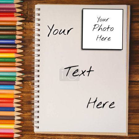 Photo for Holding text and photo space on notebook page, with row of coloured pencils on desk. Social media art, creativity, ideas story background template concept digitally generated image. - Royalty Free Image