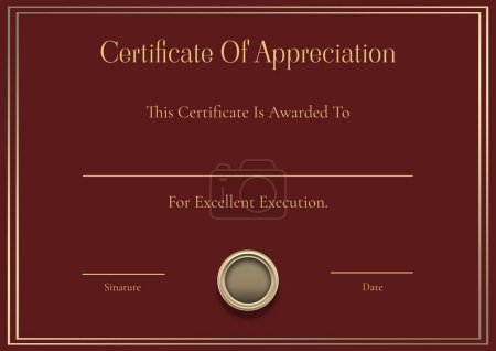 Photo for Certificate of appreciation for excellent execution text and borders in gold on dark red. Performance acknowledgement certificate template concept digitally generated image. - Royalty Free Image
