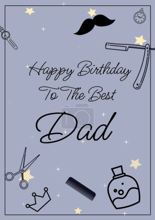 Photo for Composition of happy birthday dad text over moustache and dad items on purple background. Happy birthday, dad and fatherhood concept digitally generated image. - Royalty Free Image
