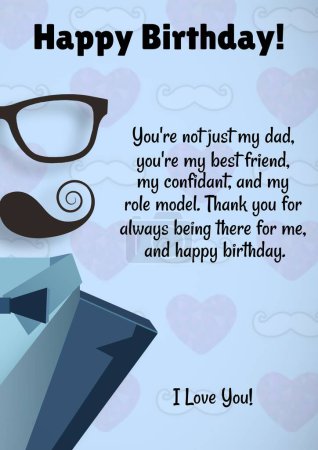 Photo for Composition of happy birthday dad text over moustache and glasses on blue background. Happy birthday, dad and fatherhood concept digitally generated image. - Royalty Free Image