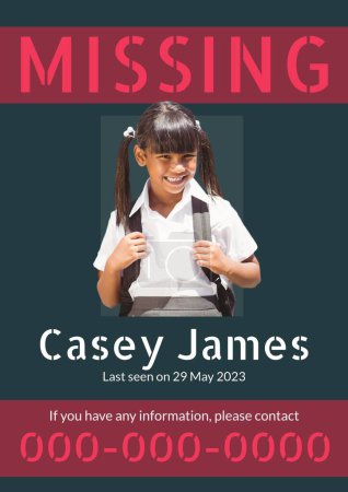 Foto de Composite of missing poster of biracial teenage girl, casey james with her information and number. Poster, information, template, art, design, childhood, kidnapping and lost concept. - Imagen libre de derechos