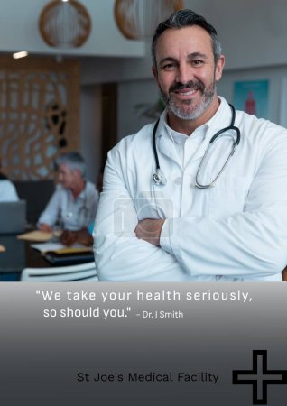Photo for Composition of st joe's medical facility health text over caucasian male doctor. Medicine and healthcare services concept digitally generated image. - Royalty Free Image