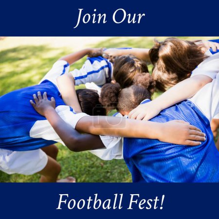 Photo for Composition of join our football fest championship text over diverse girls football players. Football, competition and sports concept digitally generated image. - Royalty Free Image