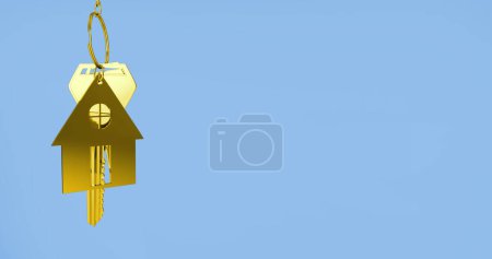 Foto de Imagen de las llaves doradas de la casa contra el espacio de copia sobre fondo azul. Reubicación y concepto de bienes raíces - Imagen libre de derechos