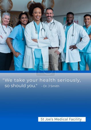 Photo for Composition of st joe's medical facility health text over diverse doctors. Medicine and healthcare services concept digitally generated image. - Royalty Free Image