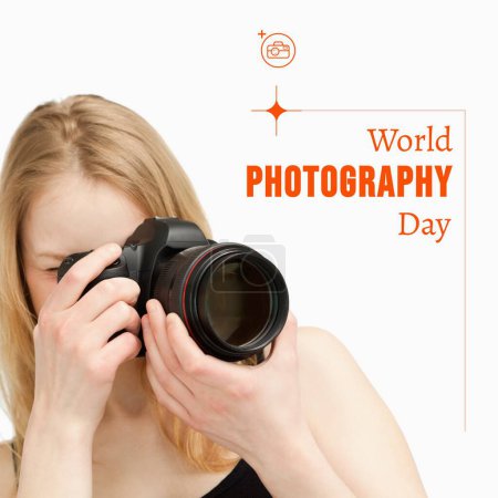 Foto de World photography day text in orange with caucasian female photographer using slr camera on white. Global celebration of photography promotional campaign digitally generated image. - Imagen libre de derechos
