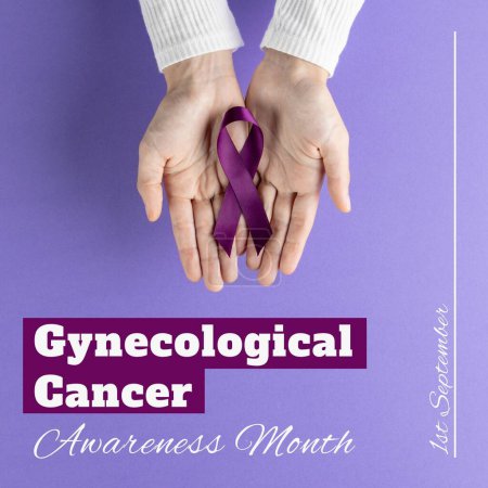 Photo for Gynecological cancer awareness month text and hands of caucasian woman holding purple ribbon. Cancer, medical and health awareness promotion campaign digitally generated image. - Royalty Free Image