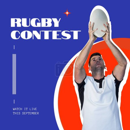 Photo for Rugby contest, watch it live text and caucasian male rugby player holding ball on red and blue. Rugby sports event promotional campaign concept digitally generated image. - Royalty Free Image