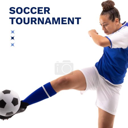 Photo for Composition of soccer tournament text over biracial female footballer with ball. Football, sports and competition concept digitally generated image. - Royalty Free Image