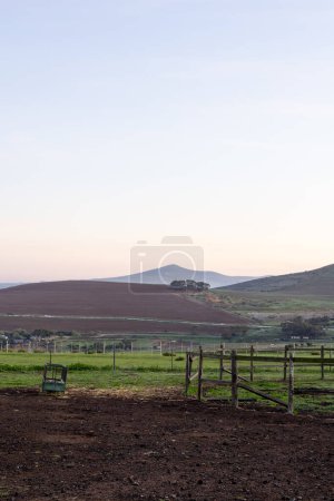 Photo for Vertical image of landscape of green countryside and agricultural fields and round fence. Nature, agriculture, summer, tranquillity and rural landscape. - Royalty Free Image
