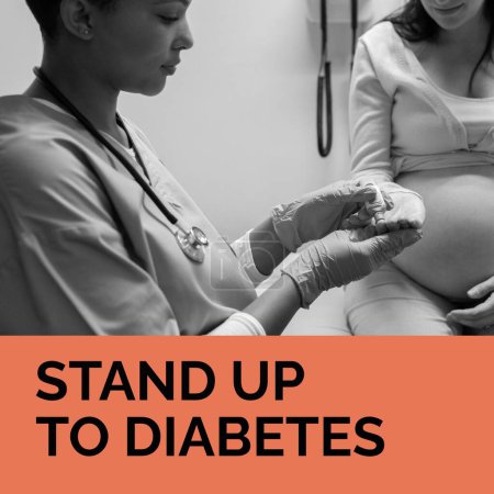 Photo for Composition of stand up to diabetes text text over caucasian pregnant woman checking sugar level. Diabetes awareness week, health, medicine and wellbeing concept digitally generated image. - Royalty Free Image