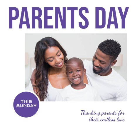 Photo for Parents day this sunday text on white with happy african american parents and son at home. Celebration, thanking parents for their endless love campaign digitally generated image. - Royalty Free Image