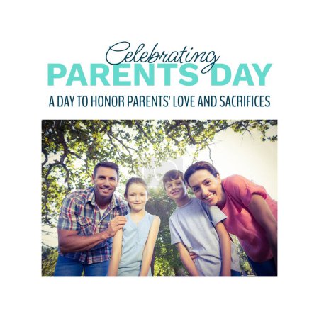 Photo for Celebrating parents day text with happy caucasian parents, son and daughter in sunny garden. Celebration of parenthood, a day to honor parents' love and sacrifices campaign digitally generated image. - Royalty Free Image