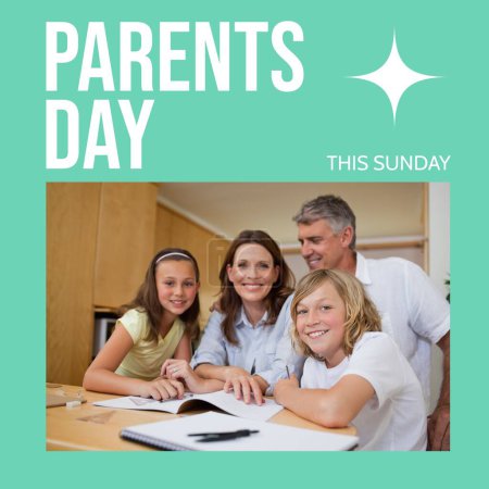 Photo for Parents day, this sunday text on green with happy caucasian parents, daughter and son at home. Celebration of parenthood, appreciation campaign digitally generated image. - Royalty Free Image