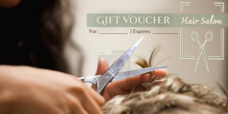 Photo for Composition of gift voucher text over female hairdresser giving caucasian man haircut. Gift certificates, hair salon, business and beauty concept digitally generated image. - Royalty Free Image