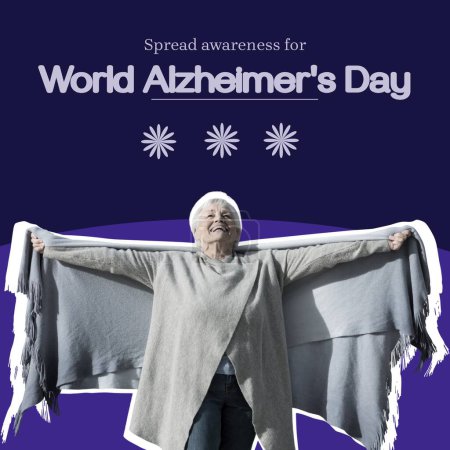 Photo for Composition of world alzheimer's day text over happy senior caucasian woman with arms wide. World alzheimer's day and celebration concept digitally generated image. - Royalty Free Image