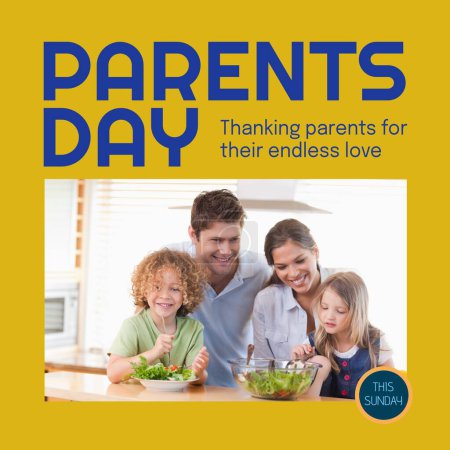 Photo for Parents day this sunday text on yellow with happy caucasian parents, son and daughter in kitchen. Celebration, thanking parents for their endless love campaign digitally generated image. - Royalty Free Image