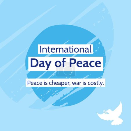 Téléchargez les photos : Journée internationale de la paix, la paix est moins chère, la guerre est un texte coûteux avec colombe blanche sur fond bleu. Journée mondiale de la paix et de la lutte contre la guerre et campagne promotionnelle image générée numériquement. - en image libre de droit
