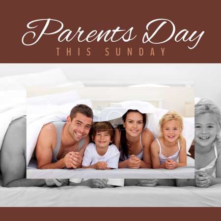 Photo for Parents day, this sunday text on brown with happy caucasian parents, son and daughter in bed. Celebration of parenthood, appreciation campaign digitally generated image. - Royalty Free Image
