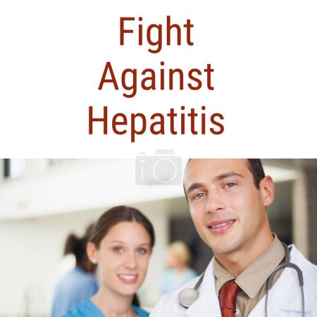 Photo for Composition of fight against hepatitis text over diverse doctors. World hepatitis day, medicine and health awareness concept digitally generated image. - Royalty Free Image