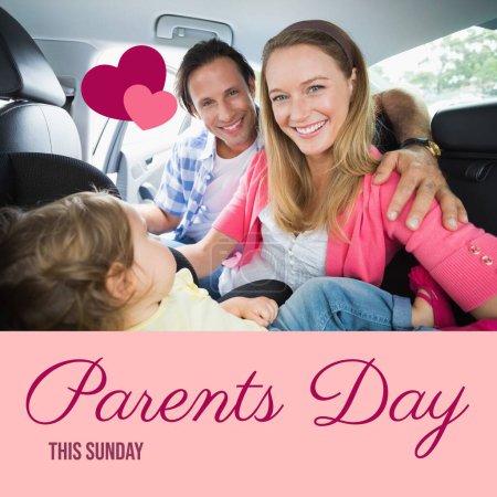 Photo for Parents day, this sunday text on pink and hearts over happy caucasian parents and daughter in car. Celebration of parenthood, appreciation campaign digitally generated image. - Royalty Free Image