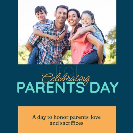 Photo for Celebrating parents day text with happy caucasian parents carrying children in sunny park. Celebration of parenthood, a day to honor parents' love and sacrifices campaign digitally generated image. - Royalty Free Image