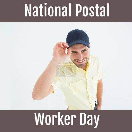 Photo for Composition of national postal worker day text over happy caucasian delivery man. National postal worker day, shipping, delivering and postal services concept digitally generated image. - Royalty Free Image