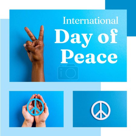 Téléchargez les photos : Journée internationale du texte de paix avec diverses mains tenant le symbole de paix et faisant signe de la main. Journée mondiale de la paix et de la lutte contre la guerre et campagne promotionnelle image générée numériquement. - en image libre de droit