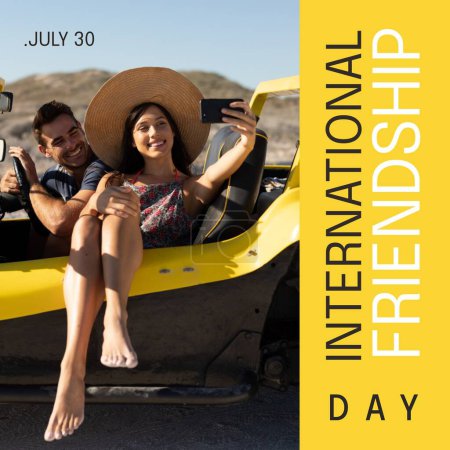 Photo for International friendship day text with happy caucasian male and female friend taking selfie in car. Celebration of friendship, appreciation campaign digitally generated image. - Royalty Free Image