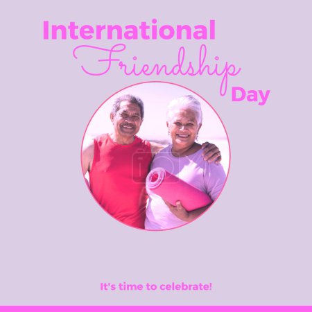 Photo for International friendship day text on lilac with happy senior biracial couple embracing in the sun. Celebration of friendship, it's time to celebrate campaign digitally generated image. - Royalty Free Image