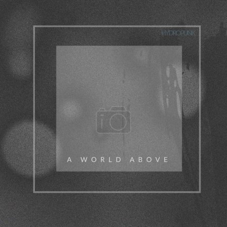 Photo for Hydropunk, a world above text and grey frame over grey square and lights spots on dark background. Contemporary music cd cover design packaging concept, square format digitally generated image. - Royalty Free Image