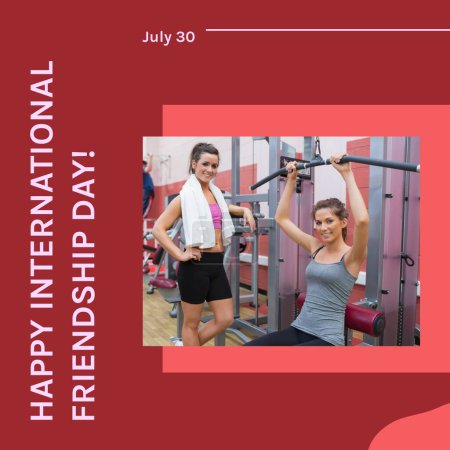 Photo for Happy international friendship day text on red with happy caucasian female friends at gym. Friendship celebration and appreciation campaign digitally generated image. - Royalty Free Image