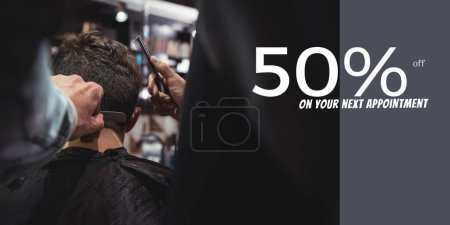 Photo for 50 percent off text with diverse male client and male hairdresser cutting hair. Hairdressing and barbershop voucher, discount on your next appointment scheme digitally generated image. - Royalty Free Image