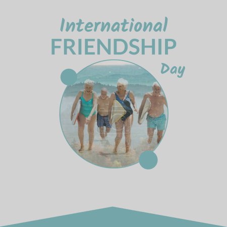 Photo for International friendship day text with happy senior caucasian friends with surfboards at beach. Celebration of friendship, it's time to celebrate campaign digitally generated image. - Royalty Free Image