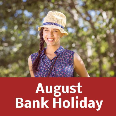 Photo for August bank holiday text on red with happy caucasian woman in straw hat smiling in sun by trees. Campaign celebrating summer, free time and vacations, digitally generated image. - Royalty Free Image