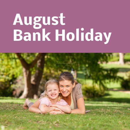 Photo for August bank holiday text on purple with happy caucasian mother and daughter lying in sunny garden. Campaign celebrating summer, free time and vacations, digitally generated image. - Royalty Free Image