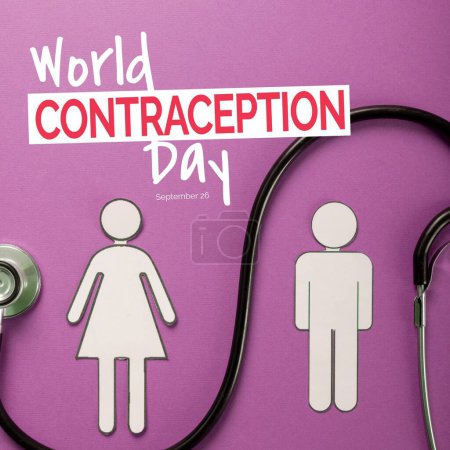 Photo for World contraception day text with date over male and female icons and stethoscope on purple. Global contraception awareness and promotion campaign digitally generated image. - Royalty Free Image