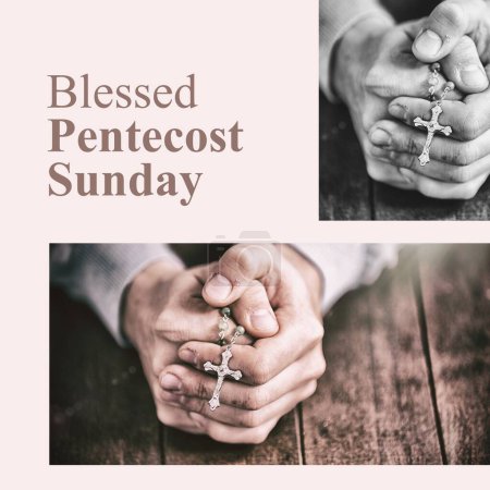 Photo for Blessed pentecost sunday text in brown on light pink and caucasian female hands holding crucifix. Whitsun, christian and catholic religious celebration and tradition concept digitally generated image. - Royalty Free Image