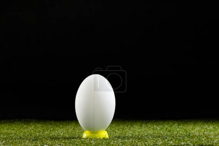 Foto de White rugby ball in yellow stand over grass with copy space, in slow motion. Rugby, sport, international, competition and games digitally generated image. - Imagen libre de derechos