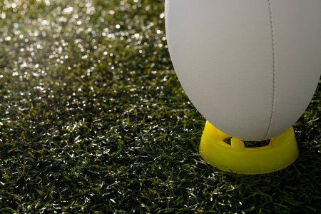 Téléchargez les photos : White rugby ball in yellow stand over grass with copy space, in slow motion. Rugby, sport, international, competition and games digitally generated image. - en image libre de droit