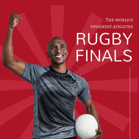 Rugby final texte en blanc sur rouge avec heureux joueur et ballon de rugby afro-américain. Promotion des derniers matchs de la ligue sportive, campagne des athlètes les plus difficiles au monde, image générée numériquement.