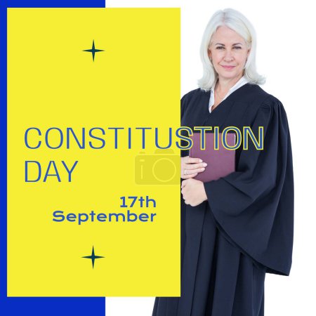 Photo for Constitution day text in blue on yellow with happy senior caucasian female attorney in gown. American constitution and federal government law celebration day digitally generated image. - Royalty Free Image
