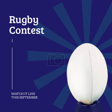 Téléchargez les photos : Texte du concours de rugby en blanc sur bleu avec boule de rugby blanche. Promotion du concours sportif, regardez-le vivre cette campagne de septembre, image générée numériquement. - en image libre de droit
