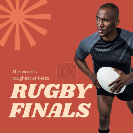 Photo for Rugby finals text in cream on brown with african american male rugby player holding ball. Sports league final round games promotion, the world's toughest athletes campaign, digitally generated image. - Royalty Free Image